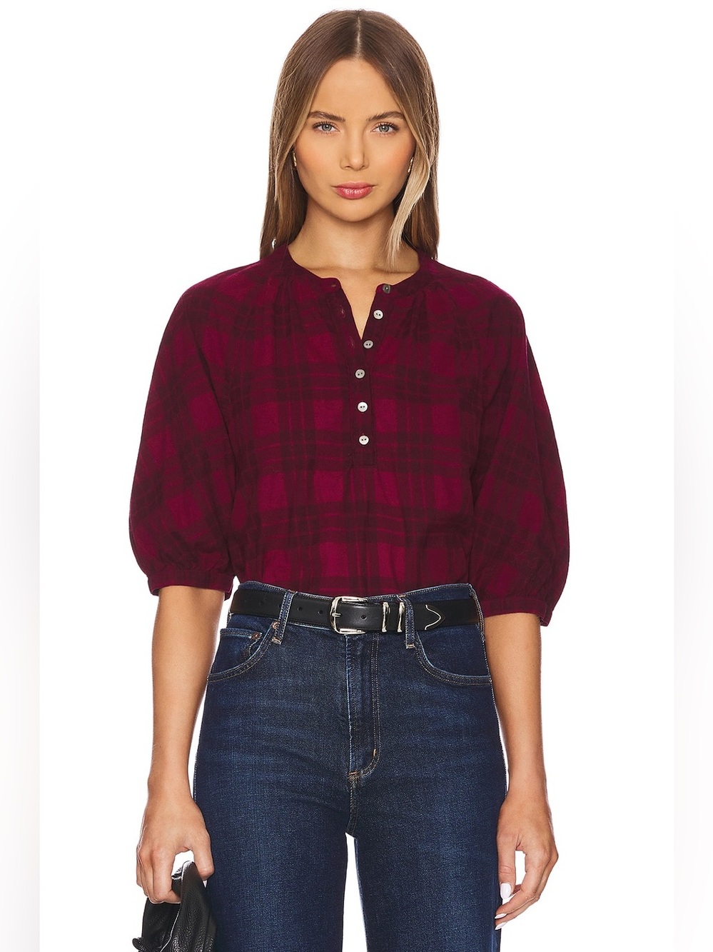 Nation LTD May Flannel Top Party Plaid Blouse Puff Sleeve Lightweight Jersey
